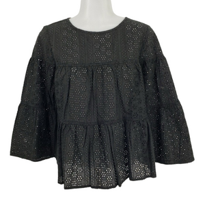 Madewell Eyelet Tiered Button Back Top Black Lace Small Boho Shirt